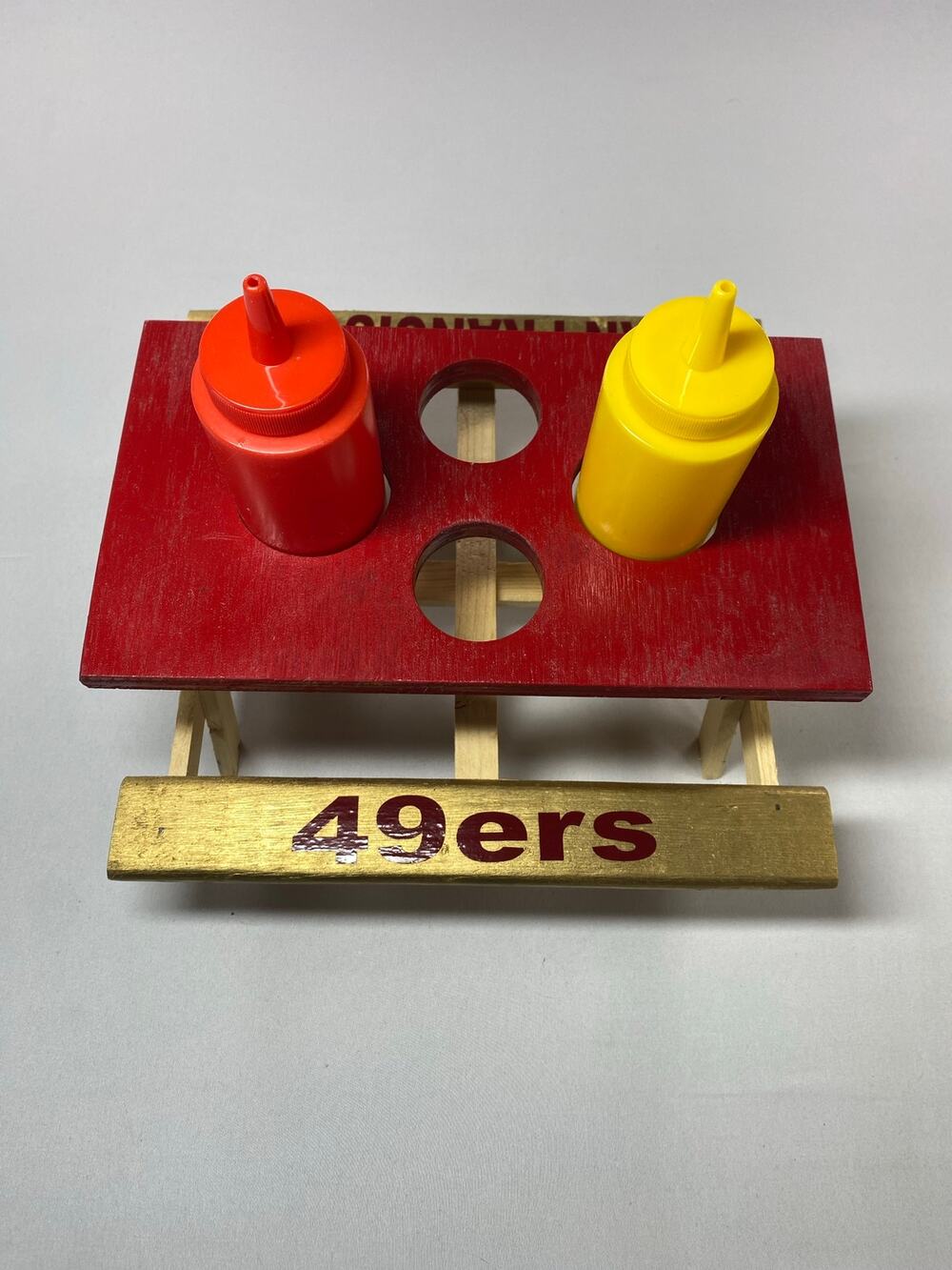49ers Wooden Picnic Table Condiment Holder • 12x11x5 • Ketchup & Mustard Set